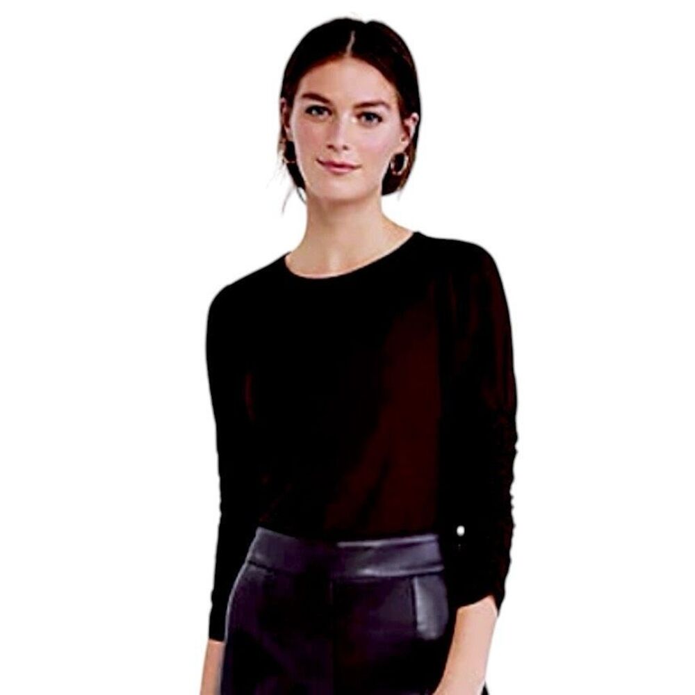 Ann Taylor Black Ribbed Ruched Sleeve Top